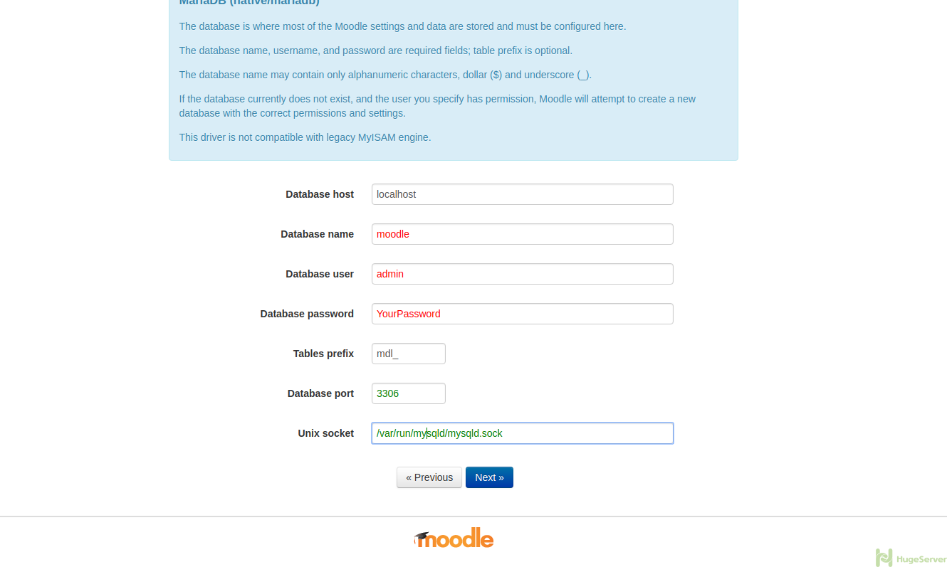 Moodle Setup: Database Information